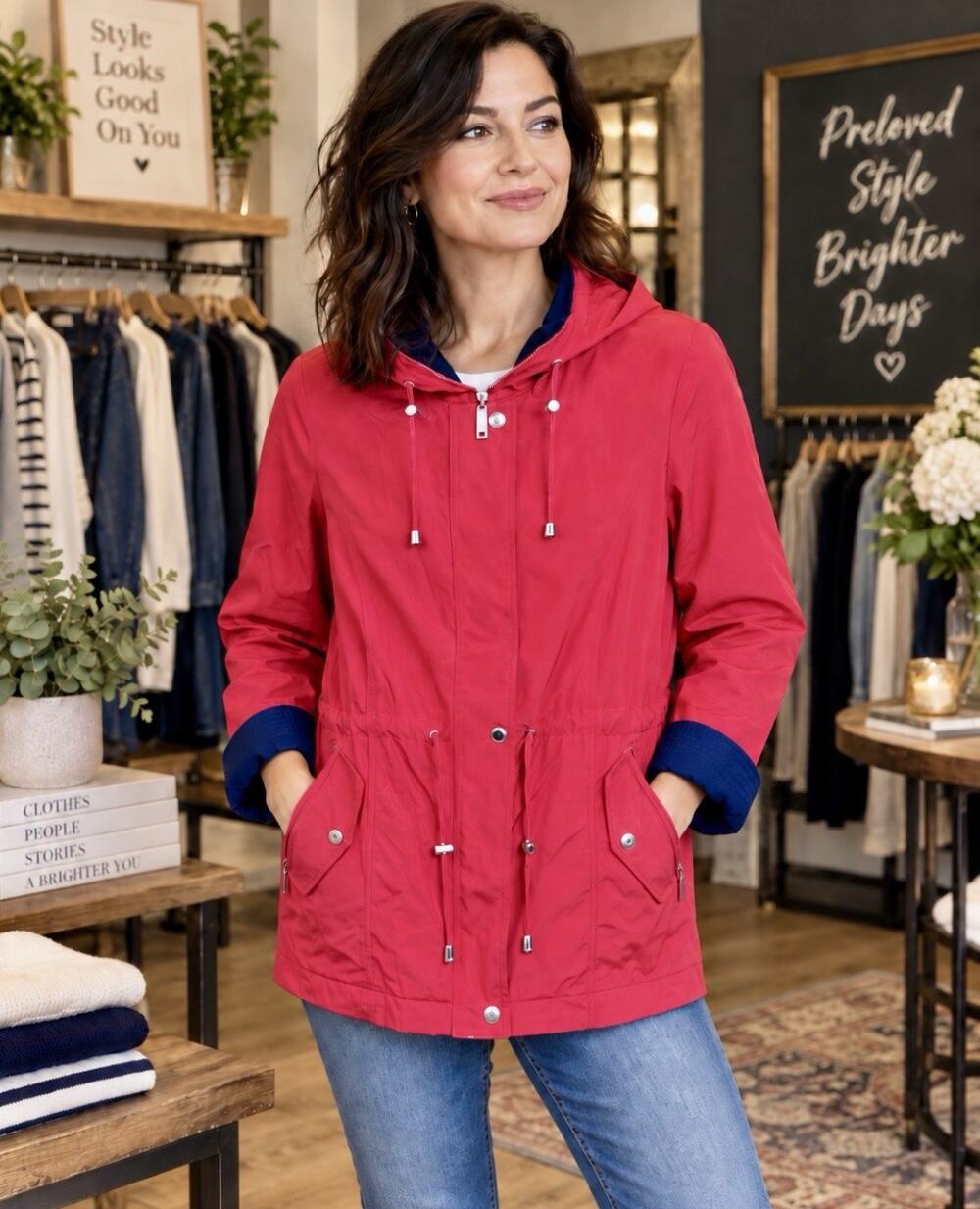 Liz Claiborne Women’s Red Hooded Anorak Jacket Petites PM Mid-Length Zip